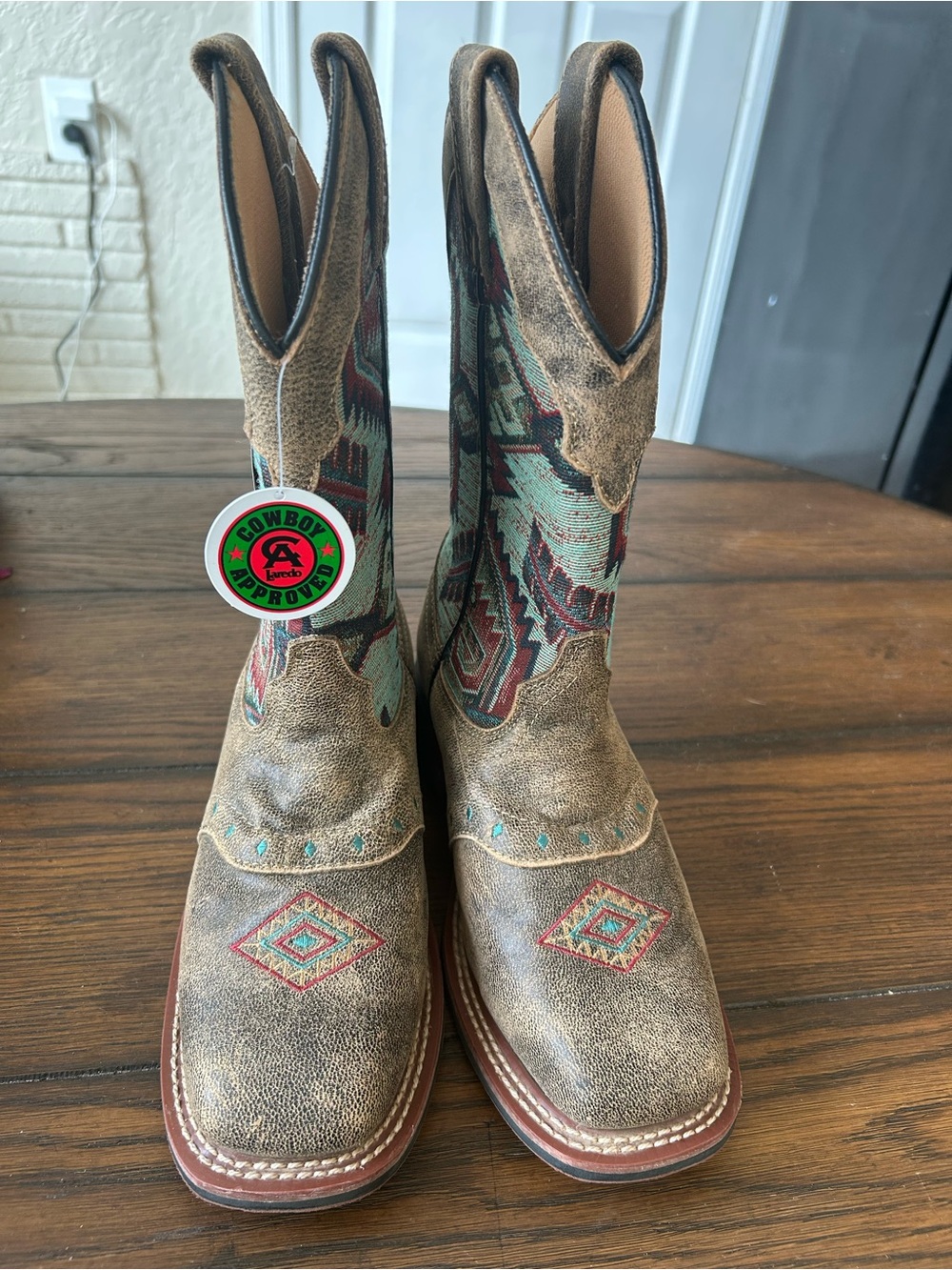 Laredo Women's Scout Western Boots Aztec Square Toe Brown Leather NWT Size 8.5